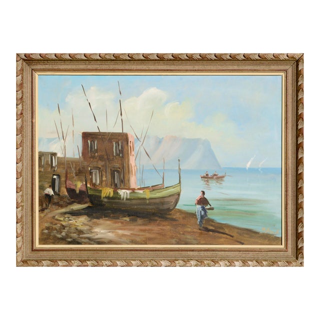 Boats on the Shore - Figurative Italian Oil Landscape For Sale