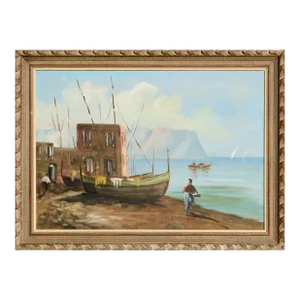 Boats on the Shore - Figurative Italian Oil Landscape