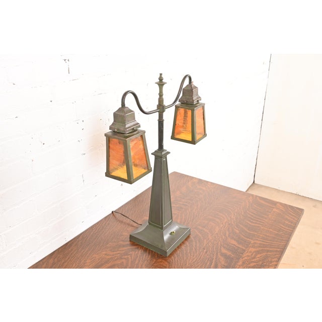 Mission Handel Style Antique Arts & Crafts Bronze and Slag Glass Double Table Lamp, Circa 1920s For Sale - Image 3 of 12