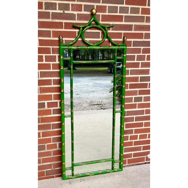 Chinoiserie Chic Vintage Palm Beach Regency Pagoda Style Faux Bamboo Full Length Wall Mirror - Newly Painted Green and Gold Chinoiserie Decor For Sale - Image 3 of 11