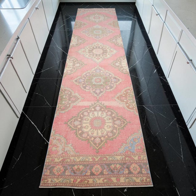 Mid-Century Modern 1960s Traditional Turkish Runner Rug Hand Knotted Distressed Low Pile Pink Hallway Decor For Sale - Image 3 of 13