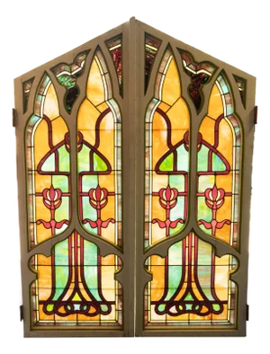 Pair Antique American Stained Glass Gothic Art Nouveau Doors Windows Povey Bros