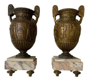 Antique French Urns on Marble Bases - a Pair