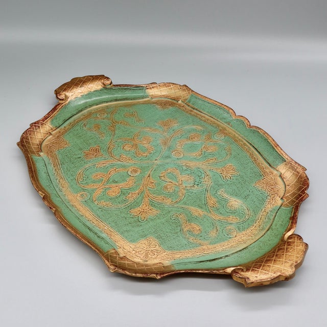 Italian Vintage Florentine Gilt Tray — Green & Gold Scalloped Scroll Design, Made in Italy For Sale - Image 3 of 7