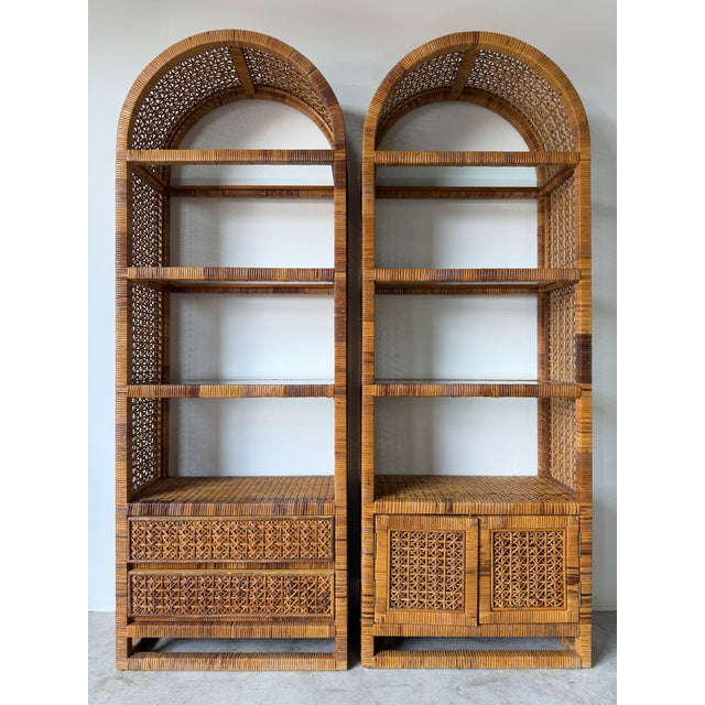 1970s 1970's Vintage Palm Beach Regency Style Arched Rattan & Glass Étagères – A Pair For Sale - Image 5 of 18