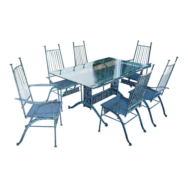 1950s John Salterini 'El Prado' Collection Verdigris Finish Dining Table and 6 Chairs, Attributed For Sale