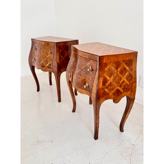 Pair of Italian Bombe Commodini W Geometric Marquetry and Brass Hardware, 1950s For Sale - Image 15 of 16