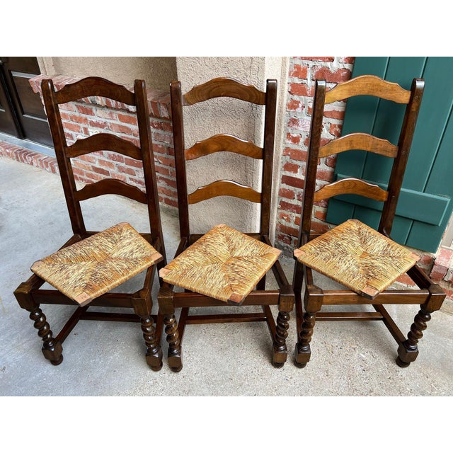 Vintage French Dining Chairs Set 6 Oak Barley Twist Rush Seat Ladder Back For Sale - Image 18 of 18
