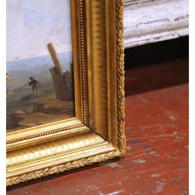 Wood 19th Century French Coastal Marine Oil Painting of Fishing Boats in Gilt Frame For Sale - Image 7 of 11
