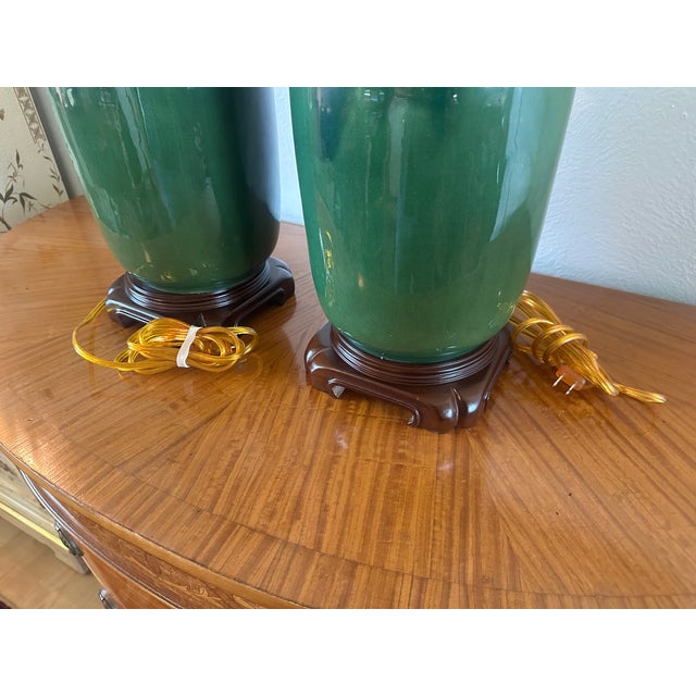 Contemporary Vintage Green Glazed Ceramic Urn Lamps With Sculptural Fruit Handles - a Pair For Sale - Image 3 of 8