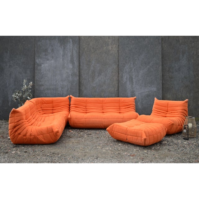 Togo Sofa in Orange Microfiber Set by Michel Ducaroy for Ligne Roset, Set of 5 For Sale - Image 11 of 11