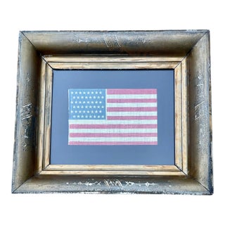 Rare and Fine Antique American Flag 1912 Staggered 48 Star Glazed Cotton in Antique Gilt Frame For Sale