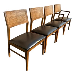 Mid Century Lane Dining Chairs • Walnut + Cane Back • Set of Four For Sale