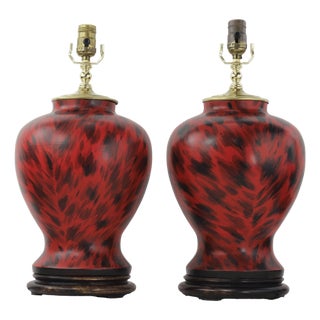 Pair of Vintage Hand Painted Red and Black Tortoiseshell Pattern Porcelain Table Lamps With Wood Bases For Sale