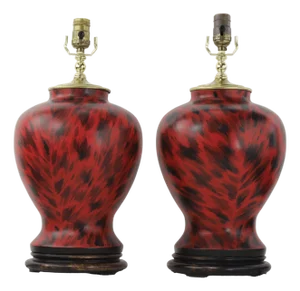 Pair of Vintage Hand Painted Red and Black Tortoiseshell Pattern Porcelain Table Lamps With Wood Bases