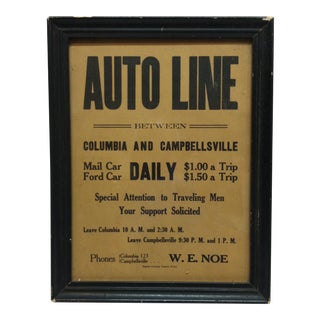 1930 Vintage Framed Transportation Advertising Sign "Auto Line" For Sale