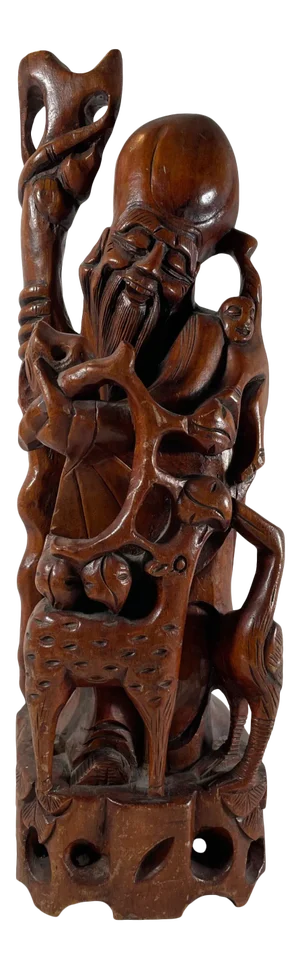Antique Chinese Carved Shou Xing Immortal Rosewood Sculpture.
