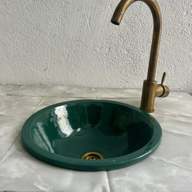 Metal Green Basin Sink Bowl Bathroom Drop-In Sink With Brass Drain For Sale - Image 7 of 8