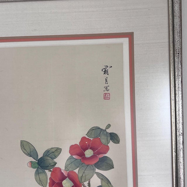 Textile 1970s Hand-painted silk panels Chinoiserie birds and flowering branches w/ glare-free glass stamped signed - Set of 2 Framed For Sale - Image 7 of 18