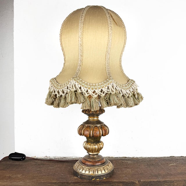 Vintage Italian Silk Lampshade Carved Wood Table Lamp, 1980s For Sale - Image 16 of 16