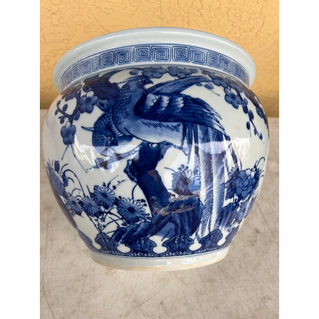 Vintage Japanese Blue & White Bird & Cherry Blossom Jardinière / Planter For Sale In West Palm - Image 6 of 9