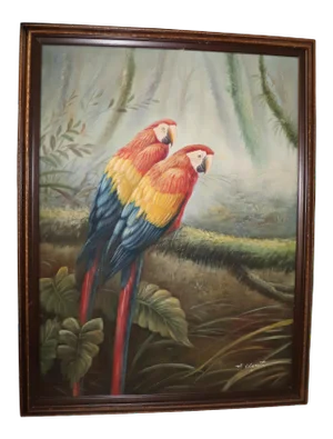 Mid 20th Century Oil Painting of Macaws by Mariel Chapot, Framed