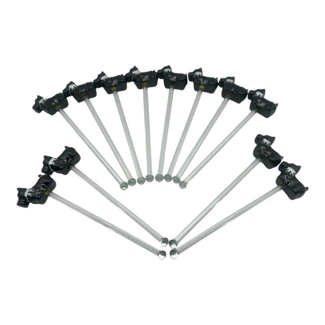 Vintage Glass Cocktail Glass Swizzle Sticks With Black Scottie Dog Figurine Toppers - A Set of 12 For Sale