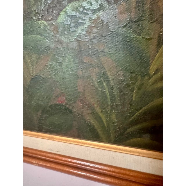 1980s Vintage Boho Bamboo Parrot Painting, Illegible Signature, Framed 48” X 36 - Signed Unknown Artist For Sale - Image 5 of 12