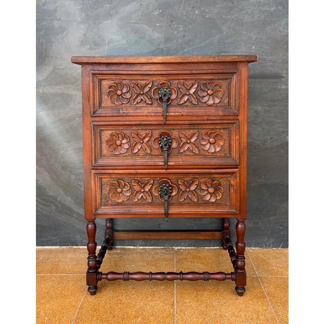 Brown Spanish Renaissance Revival Chest of Drawers With Carved Floral Fronts, 1930 For Sale - Image 8 of 9