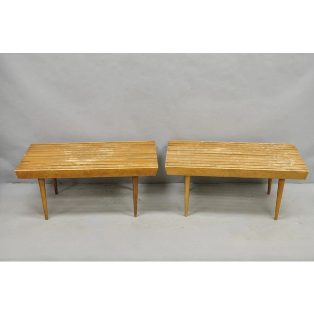 Vintage Mid Century Modern 36" Wooden Slat Bench Coffee Table Side Tables - a Pair. Circa Mid 20th Century. Measurements:...