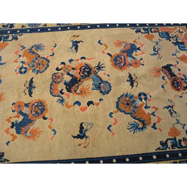 Late 19th Century 1890s Beige Foo Dog Classic Antique Chinese Ningxia Rug 5'0" X 7'9 Knotted Wool Carpet For Sale - Image 5 of 5
