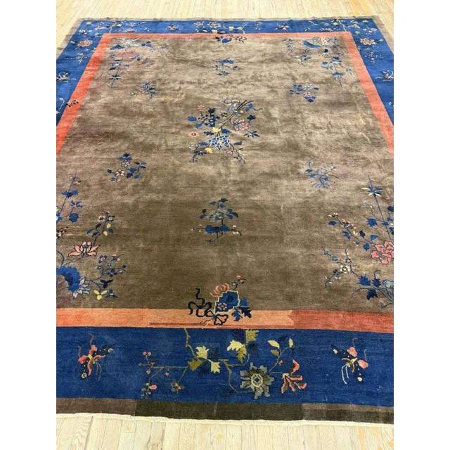Art Deco 1920s Brown Field Modern Floral Antique Chinese Art Deco Rug For Sale - Image 3 of 7