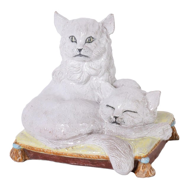 Vintage Italian Terra Cotta Two Cats on a Pillow For Sale