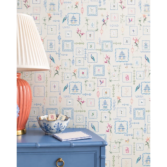 Chinoiserie Mahjong Tile Grasscloth Wallpaper by House Party | Soap White | 6 Yards For Sale - Image 3 of 10