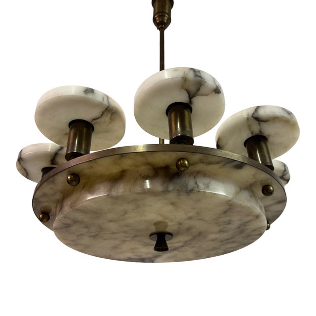 Art Deco Alabaster and Brass 8-Arm Chandelier, 1930s For Sale - Image 3 of 17