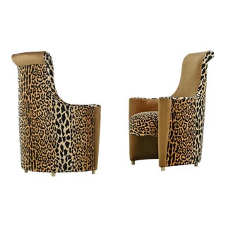 Scroll Headrest Neo Deco Velvet Leopard Print High Back Lounge Chairs For Sale