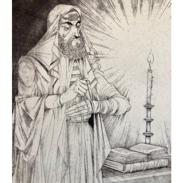 Black Janos Kass, Hungarian Modernist Judaica Etching Print Teffilin, Jewish Rabbi in Prayer, 1992 For Sale - Image 8 of 12