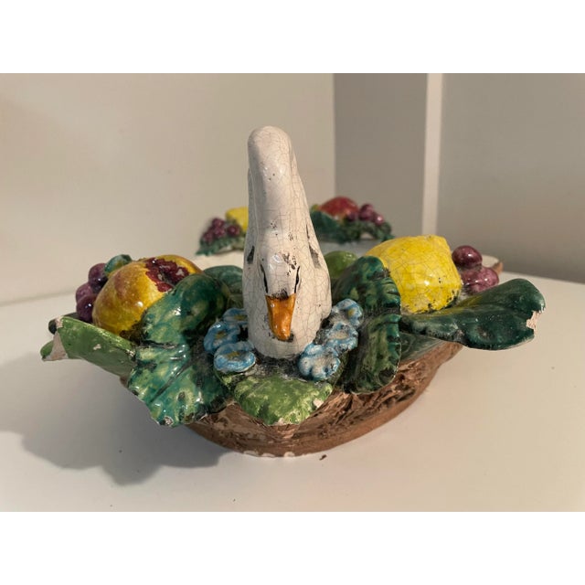 Late 20th Century Monumental Italian Majolica Swan Centerpiece Bowl by Abigails Italy, Hand-Painted Fruit & Faux Bois, 24 For Sale - Image 5 of 11