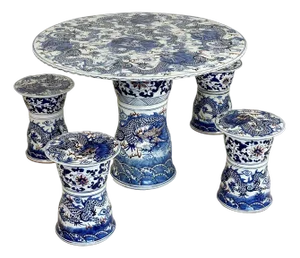 Vintage Chinese Ceramic Dining Table and Stools, Set of 5