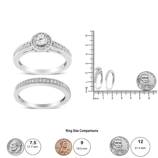 Early 21st Century .925 Sterling Silver 1/2 Ctw Diamond Halo and Milgrain Engagement Ring Bridal Set (I-J Color, I3 Clarity) - Ring - Size 7 For Sale - Image 5 of 5