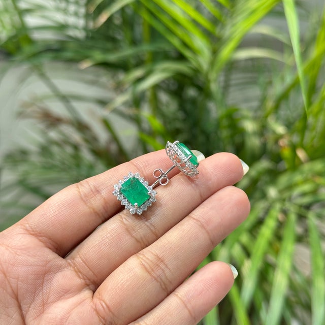 4.39ct Zambian Emerald Solitaire Stud Earrings With Diamonds in 14k Solid Gold- A Pair For Sale In New York - Image 6 of 16