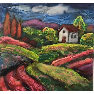Idyllic 63 by Carrie Goller | Encaustic on wood block Landscape with a house and colorful hills. For Sale