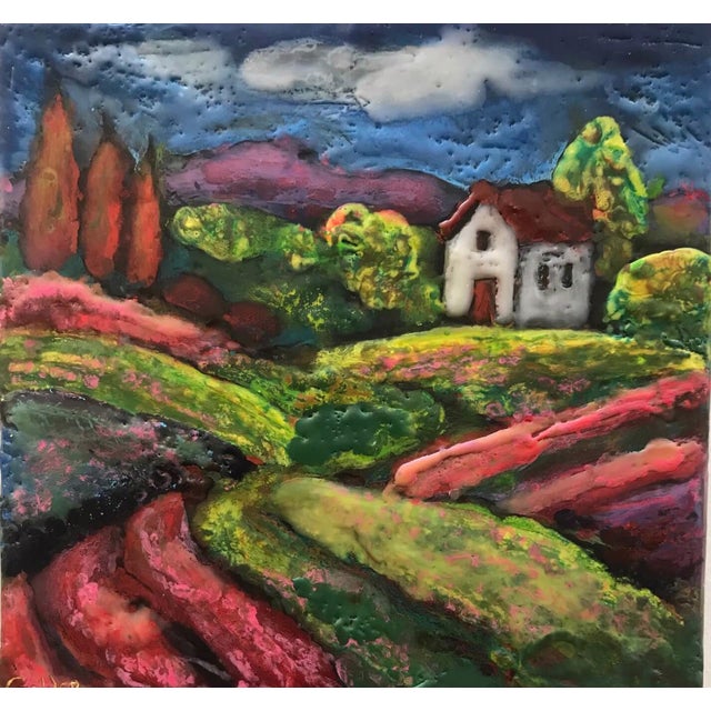 Idyllic 63 by Carrie Goller | Encaustic on wood block Landscape with a house and colorful hills. For Sale