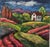 Idyllic 63 by Carrie Goller | Encaustic on wood block Landscape with a house and colorful hills. For Sale