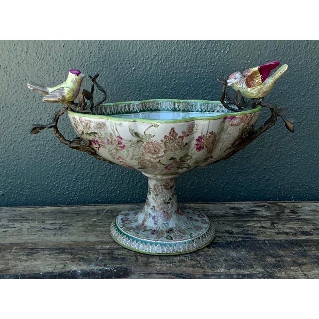 Vintage Glazed Ceramic Floral Bird Urns - A Pair For Sale In West Palm - Image 6 of 12