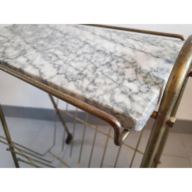 White Vintage Brass and Marble Rolling Magazine Rack, 1950s For Sale - Image 8 of 13