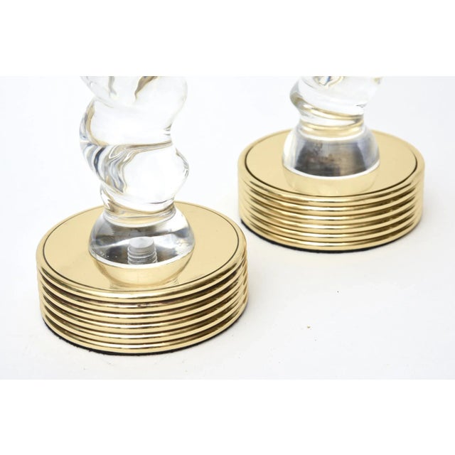 Vintage Rare Twisted Lucite and Brass Stepped Tall Candlesticks Pair Of, 1970's For Sale - Image 9 of 10