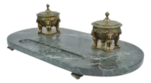Antique French Empire Figural Bronze Sphinx Green Marble Desk Top Double Inkwell