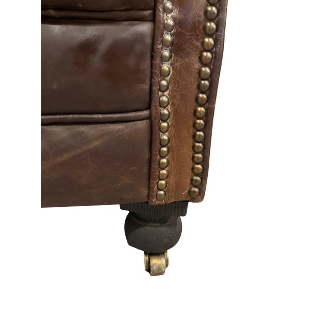 Restoration Hardware Distressed Leather Club Chair – Tufted English Library Lounge Chair With Rolled Arms & Brass Casters For Sale - Image 15 of 17