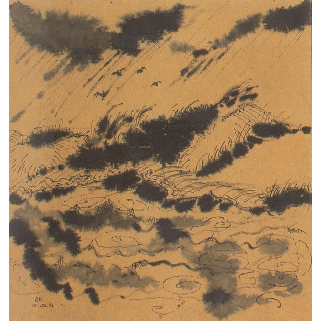 A 1956 landscape ink painting by the American artist James Doversberger (1928- 2017). This piece features an abstracted...